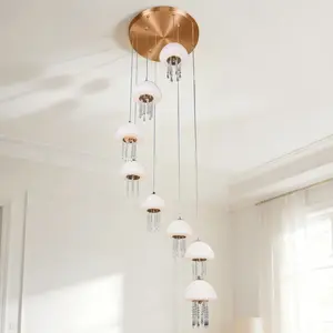 17.7 Inch Modern Gold 8-Light Jellyfish Crystal Chandelier Acrylic Shades High Ceiling LED 3-Color Change Height Adjustable for Staircase Living Room Hallway Foyer Entrance