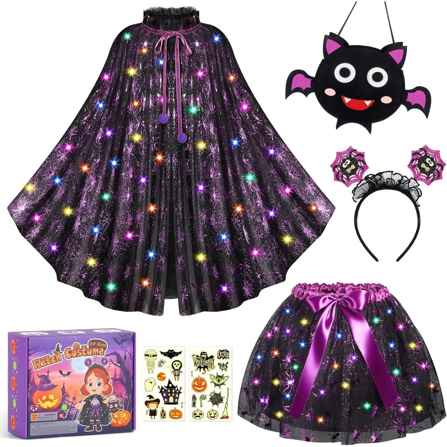 L-JLY003   Girls Halloween Costume, Light Up Witch Costume for Girls Dress Up Witch Cape with LED Light Up Tutu Skirt,Spider Headband, Trick or Treat Bucket Bag Gift Toys for Toddlers Ages 3 4 5 6 7 8