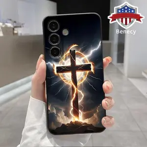 Lightning Cross Pattern Straight Edge Phone Case Compatible with Galaxy S23 Ultra S24 Plus S25 S22+ Shockproof Full Camera Protection Durable Slim Liquid Silicone Cover Smartphone Casing