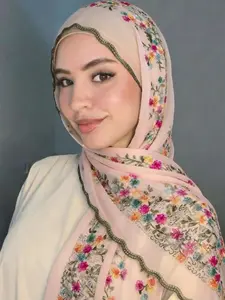 Women Floral Embroidery Voile Hijab Scarf, Elegant Ladies Turban Headscarf, Breathable Beach Long Shawl, All Season Fashion Accessory