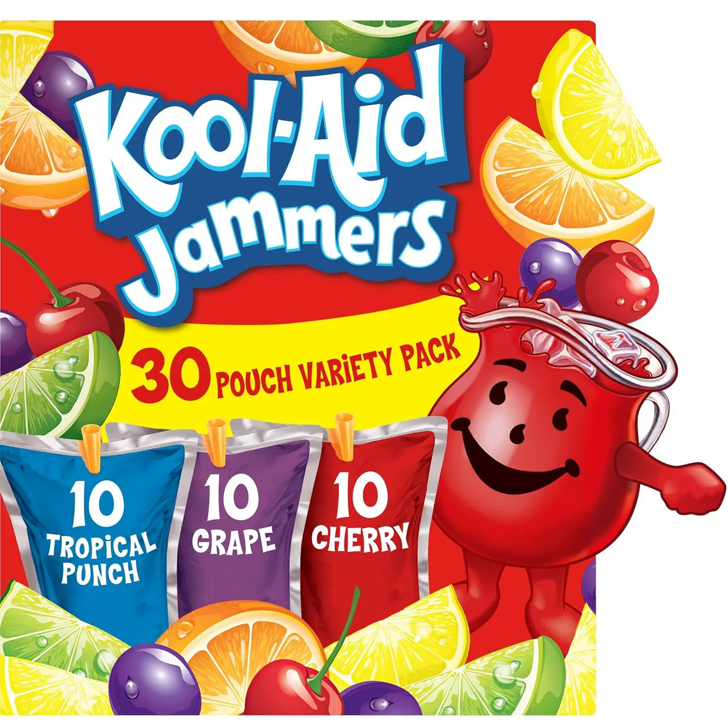 Kool-Aid Jammers Artificially Flavored Fruit Beverage Pouches - 30 Count, 6 fl oz Each, Tropical Punch, Grape, Cherry Flavors - School Lunches, On-the-Go Hydration
