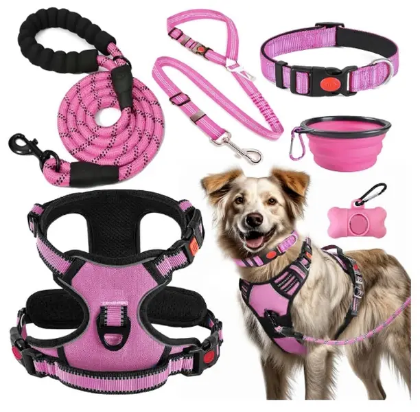 6pcs No-Pull Dog Harness, Collar And Leash Set | Includes Dog Traction Rope, Collapsible Bowls And Poop Bag Dispenser. Ideal for Training, Walking, Hiking. Fits Small to Large Dogs (Pink-L)