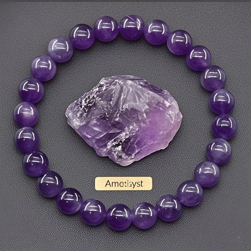 Amethyst Gem Bracelet, Bangle-Type Beaded Crystal Jewelry for Unisex Youth, Natural Stone with Tiger Eye & Apatite Options