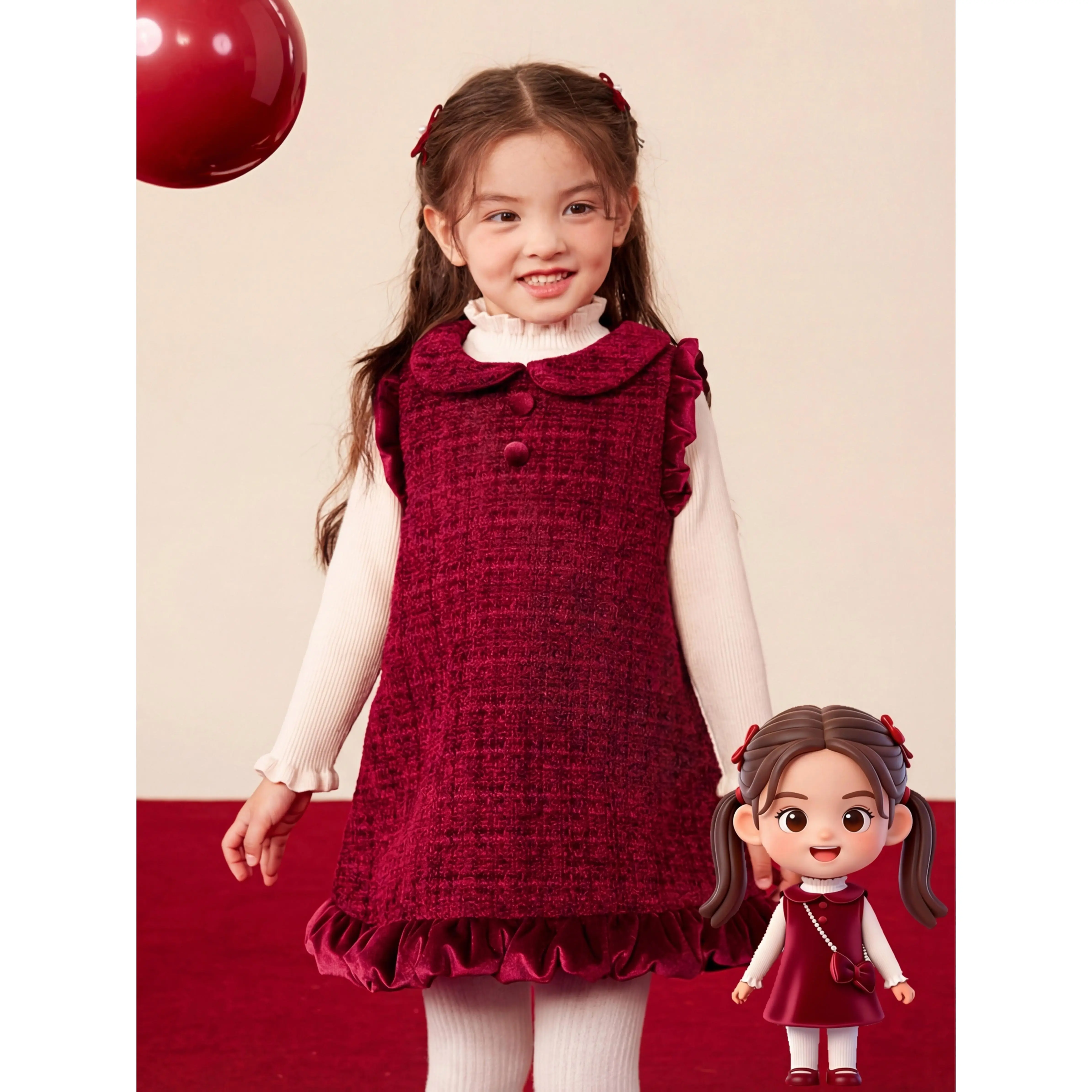 Girl's Dress, Red New Year's Outfit, Christmas and New Year's Celebration Dress, -Lined Warm Short Vest Dress for Girls Ages 3-8, Princess Dress, Above-Knee Length, Doll Collar with Lace Hem and Lace Cuffs, Autumn/Winter -Lined Lining, First Birthday