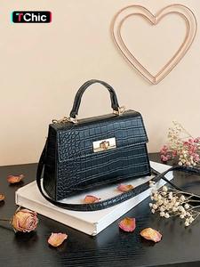 women's mini crocodile embossed button buckle flap handbag, simple plain pu leather small stylish square bag, classic handbag shoulder bag