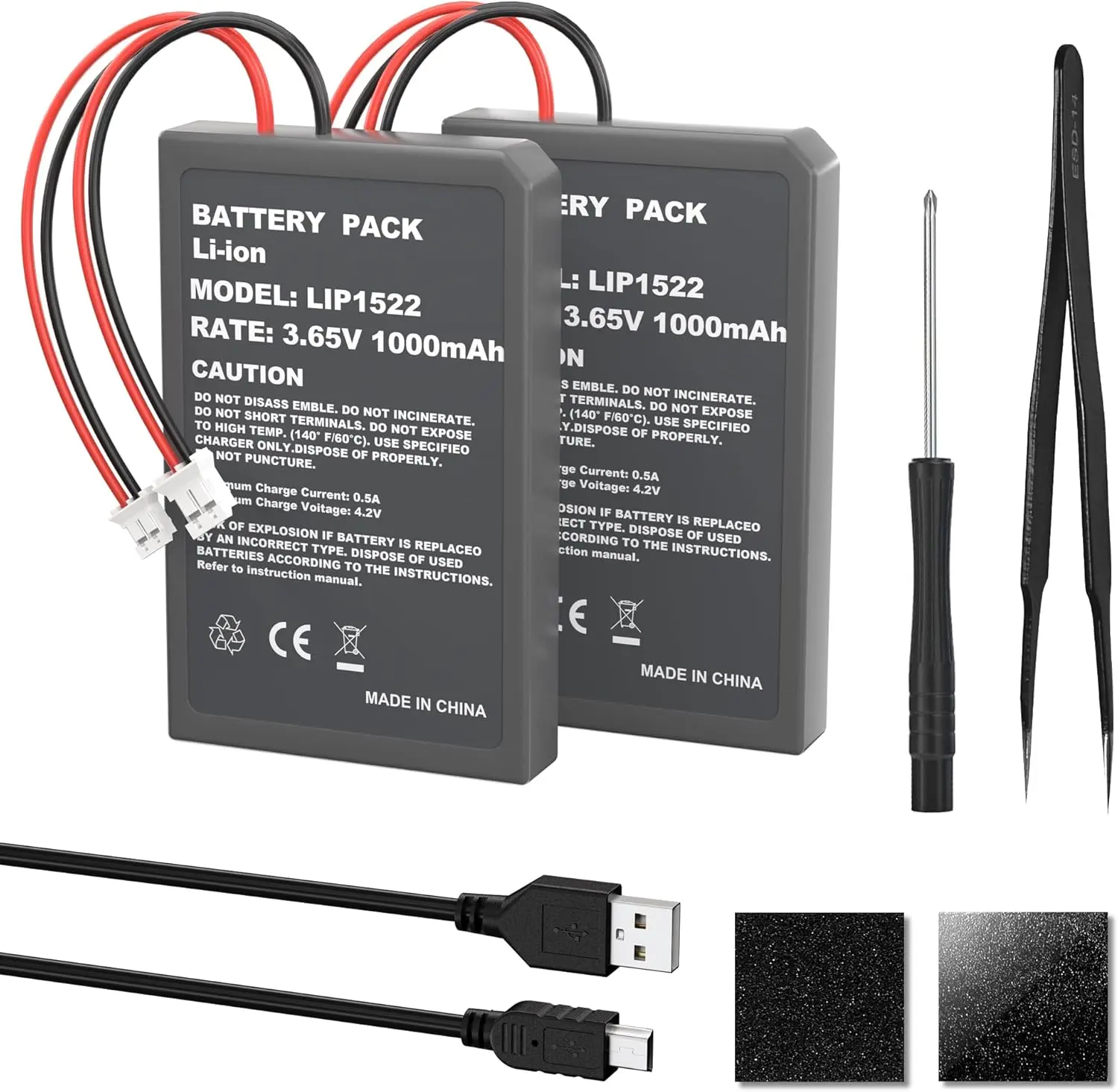 Lithium Polymer Replacement Batteries (2-Pack, 1000mAh, 3.65V) for Official PS4/PS4 Slim Controllers, with Included Tool Kit