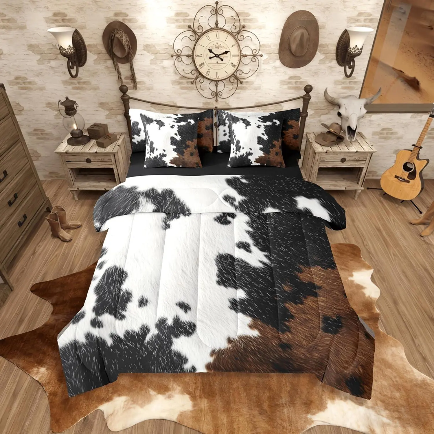 Cow Fur Print Comforter Set with Sheets 7 Piece Cowhide Bedding Set for Kids Boys Girls Farmhouse Bed in a Bag Western Farm Animal Skin Room Decor Soft Lightweight Microfiber