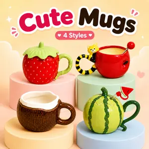 UFORU Cute and Creative Ceramic Mug Set, Strawberry/Watermelon/Coconut/Panda Coffee Cup with Lid/Straw/Spoon, Ceramic Cup Home, Microwave Dishwasher for Office Use, Instagram Style Cute Girl Gift