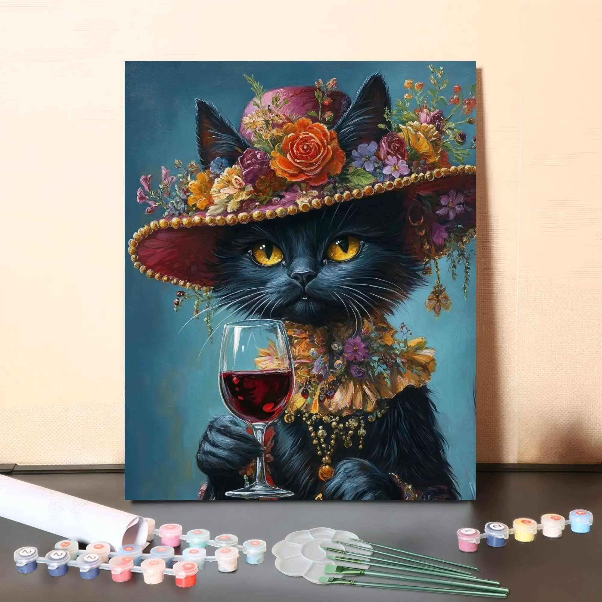 DIY Paint by Numbers Set "Wine Cat" - Includes Printed Canvas with Numbered Fields Wooden Frame Acrylic Paints & Brushes for Adults & Children cute sticker pack