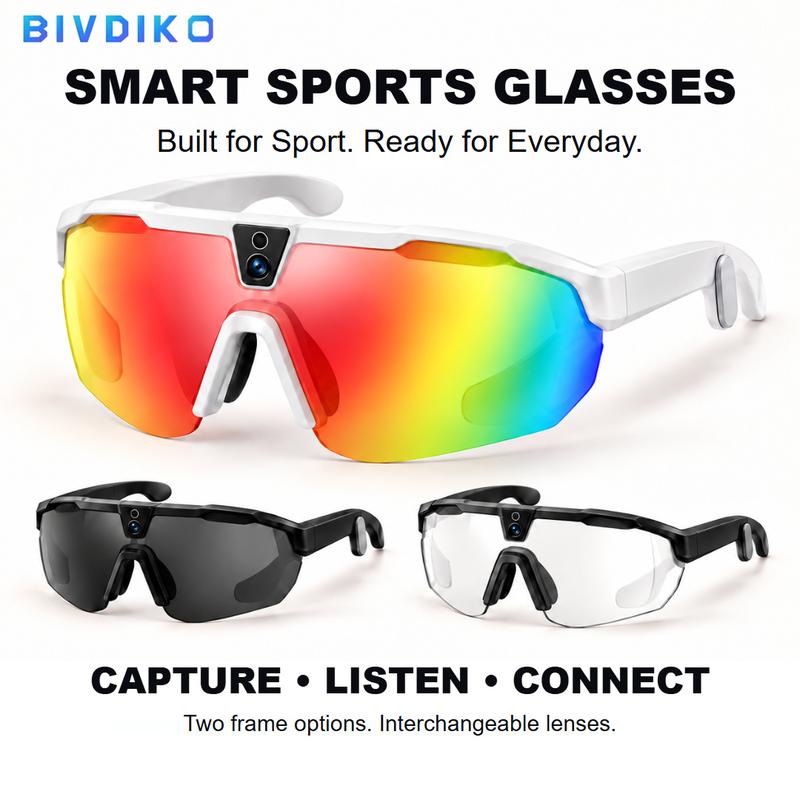 BIVDIKO Smart Sports Camera Glasses, Hands-Free 1080p Video & 8MP Photos for Cycling, Running & Hiking