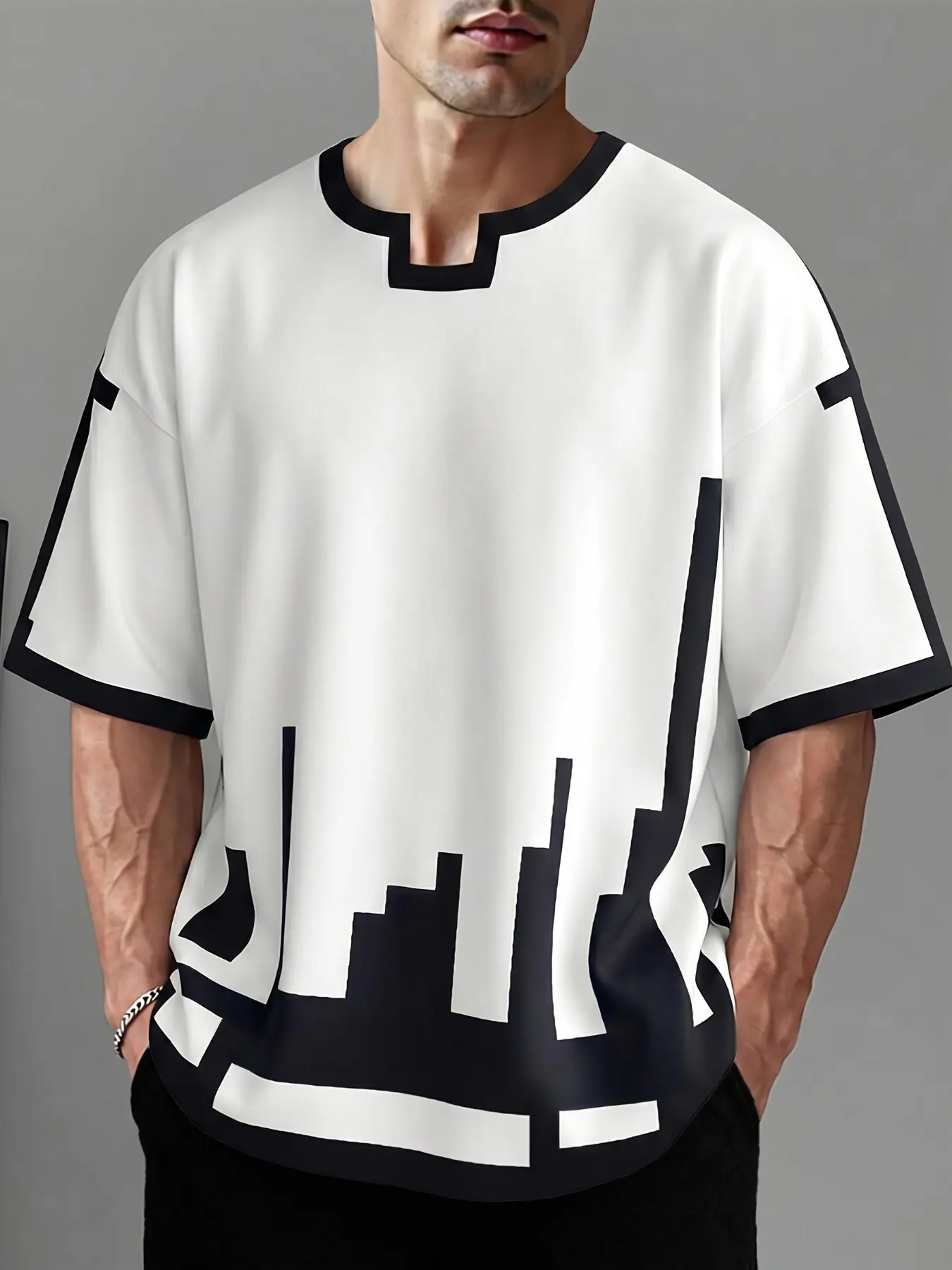 INCERUN Men's Korean Fashion Simple Slim Fit Top, Solid Color Short Sleeve Baggy Oversized Waist Cinch Graphic T-Shirt, Casual Daily Wear, Streetwear, Geometric Pattern, Loose-Fitting