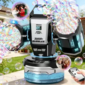 Dual Head Remote Bubble Machine, RGB Atmosphere Light, Rechargeable, 360° Auto Rotation, 30000 Bubbles Per Minute, Wedding Party Outdoor Use