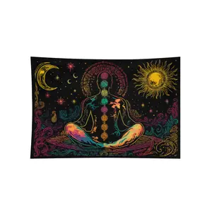 A Single Piece of Colorful 2D Flat Fabric Featuring a Spiritual Chakra And Cosmic Design, Showcasing The Chakra System. This Vibrant Wall Hanging Is Perfect for Your Living Room, Bedroom