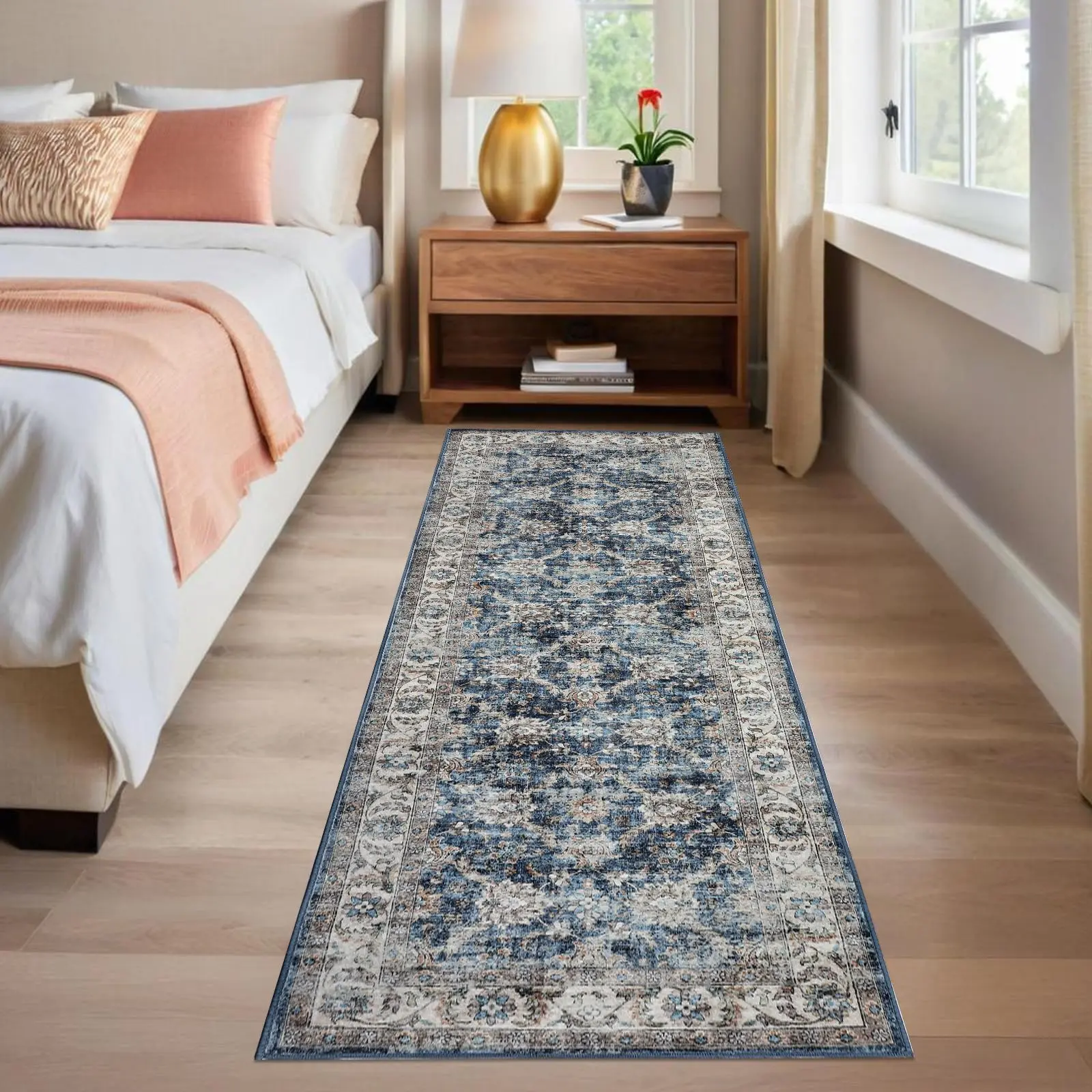 Washable Runner Rug 2x6 Vintage Carpet Runner with Non Slip Backing Foldable Non Shedding Retro Accent Rug Low Pile Distressed Throw Rug for Hallway Office Bedroom, Blue