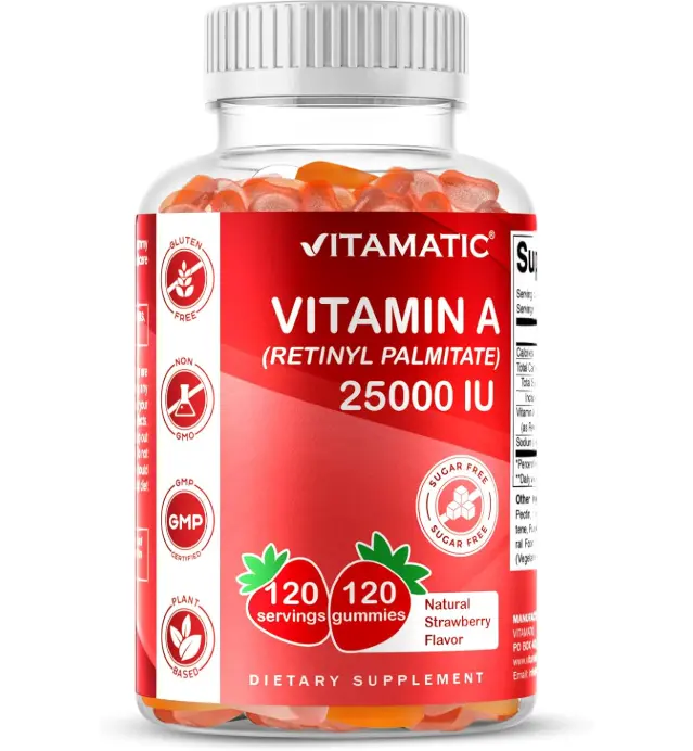 Vitamatic Sugar Free Vitamin A 25000 IU Gummies (Retinyl Palmitate) - Natural Strawberry Flavor - 120 Pectin Based Gummies (1 Bottle)
