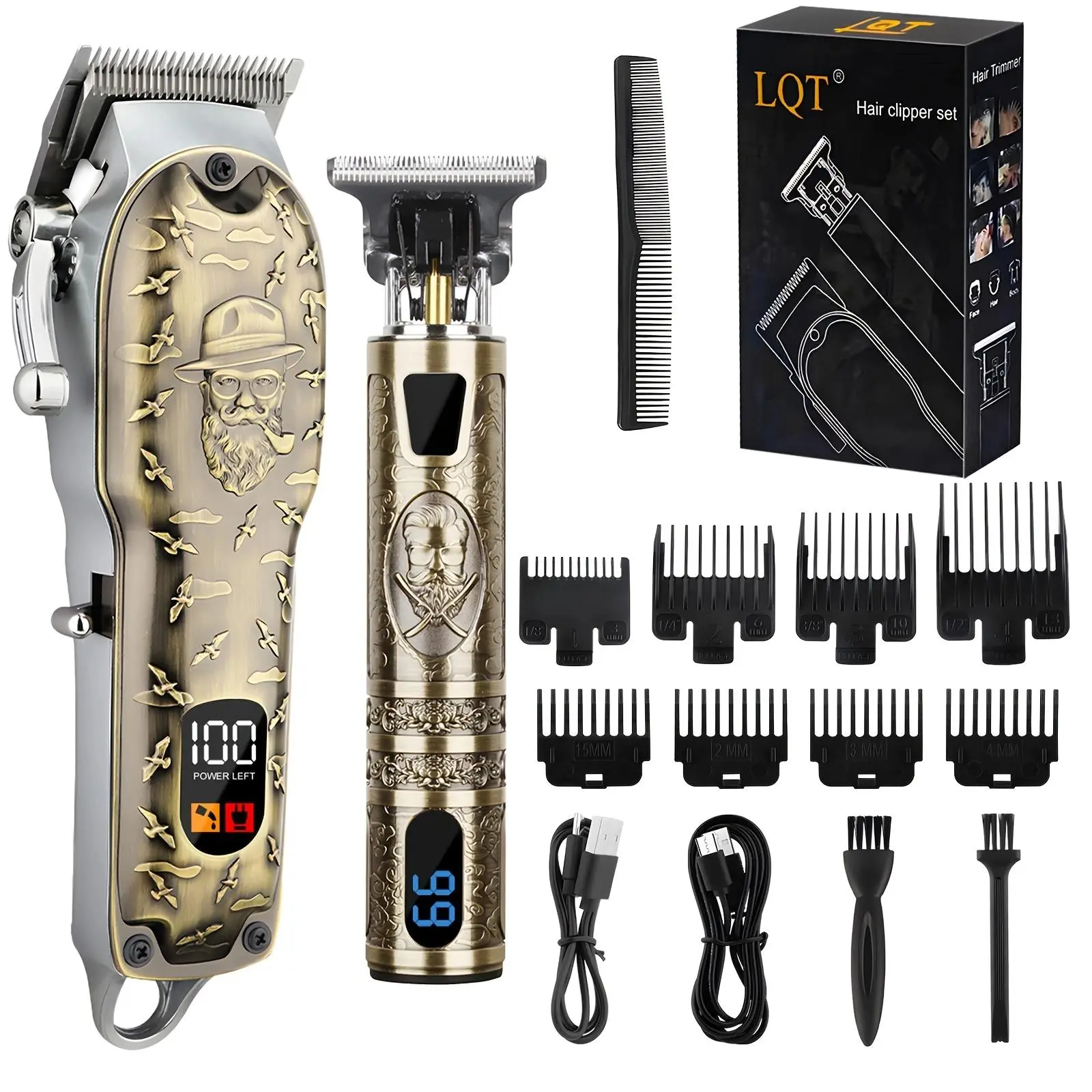 LQT Professional Cordless Lithium Battery Hair Trimmers & Clippers Set - 2000mAh Barber Equipment, T-Shaped Blade-Type Fade Guard Comb Trimmer, Guide Comb, Cleaning Brush, USB Cable - For Home & Pro Hairstylists