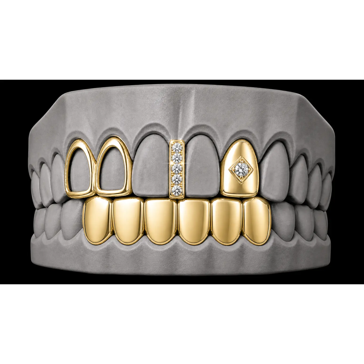 14K Gold Plated Open Double Tooth, Diamond Grillz Cap, Iced Gap & Lower 4pc Set