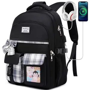 Cute Plaid Bow Adjustable Backpack for Teen Girls, 15.6-Inch Water-Resistant School Bag with Multi Compartments, USB Charging Port, Anti-Theft Pocket, Laptop Compatibility
