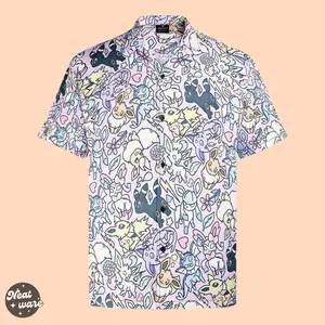 Umbreon Leafeon Eeveelution Eevee Hawaiian Shirt With Pokemon - Summer Vacation Gift for men, him - Menswear, Collar, Fabric, Loose, Wood Button, Short Sleeve Soft Casual