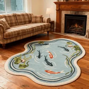 Pastoral style lotus pond koi element bedroom bedside special-shaped carpet watercolor style pond fish aqua blue living room decoration carpet fresh and artistic lotus pond koi lounge thickened carpet Botanical Area Rugs Home Decor Rug Boho Area Rugs