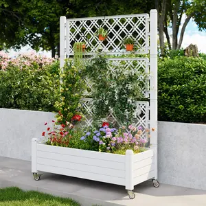 [4 Universal Casters] 61.2"H Freestanding Garden Trellis & Horticulture Planter Box with Drainage Holes, Ideal for Climbing Vine Plants Outdoor/Indoor Use, Balcony, Patio, Courtyard, Yard Elevated Raised Flower Bed, Planting Box