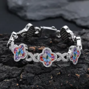 11mm Wide Ice-cold Colored Moissanite Infinity Clover Men’s Bracelet - Fancy Cut Design in Pure Silver