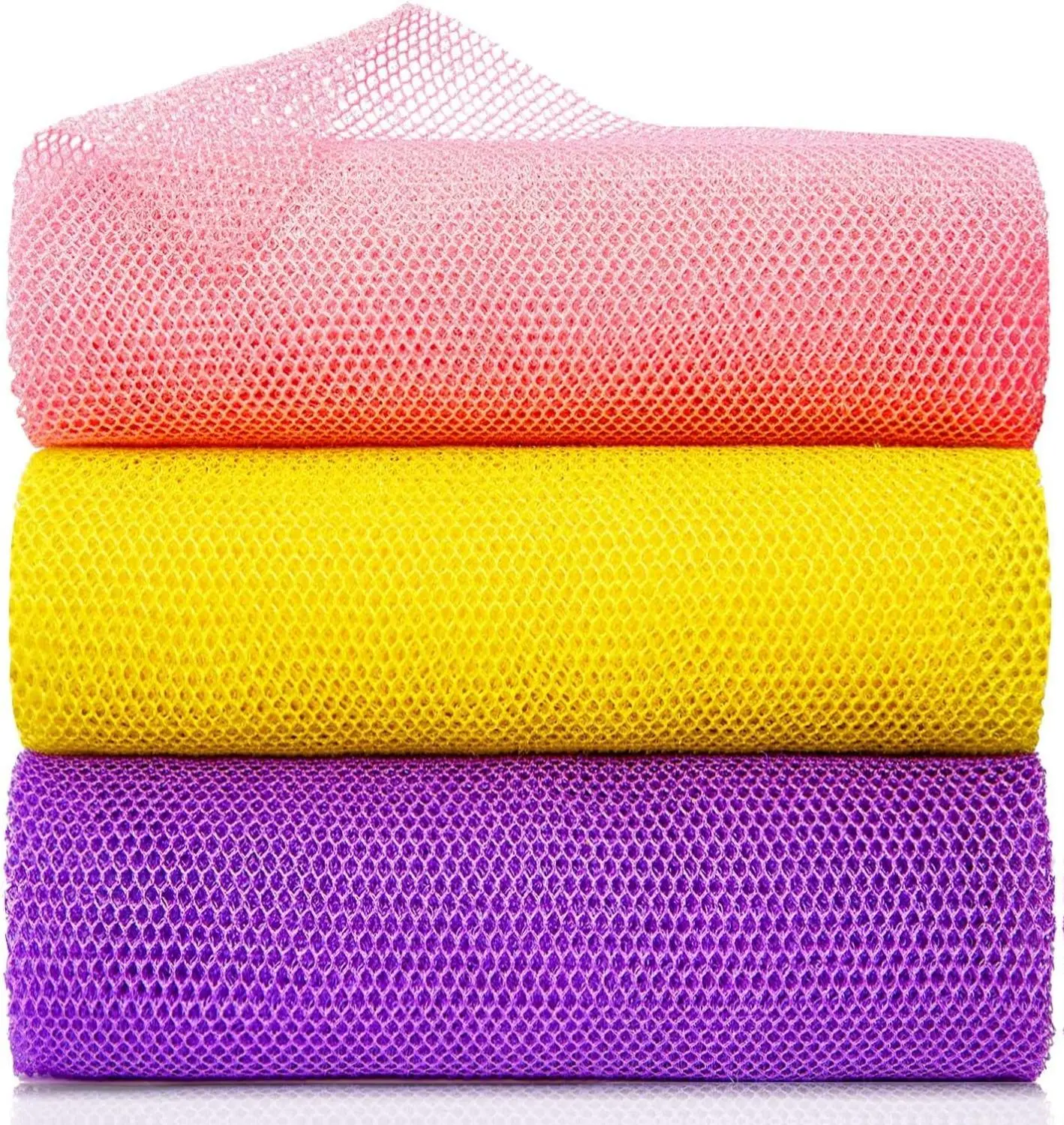 3 Pieces African Net Bath Sponge African Exfoliating African Scrubbing Long Net Rag African Wash Net Shower Body Scrubber, Yellow Pink Purple Cleaning Soap