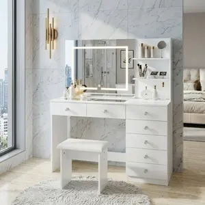 46.5" Modern LED Vanity Desk Set with Stool, Glass Top Makeup Table with Built-in Power Outlet, 3 Color Dimmable LED Mirror, 7 Drawers & 3 Storage Shelves, White Dressing Table, Holiday Gift for Women Girls, Thanksgiving Christmas