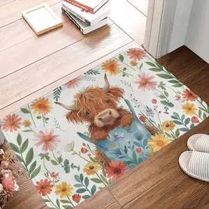 Highland Cow Floral Doormat Cute Cartoon Cow and Daisy Print Decorative Mat Non Slip Soft Absorbent Rug for Entryway Kitchen Living Room Farmhouse Balcony Porch Housewarming Gift Spring Home Decor