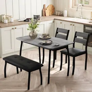 Dining Table Set for 4, Sturdy Wooden Kitchen Table with Chamfer Design and Metal legs, Upholstered Bench & 2 Classic Dinner Chairs, Kitchen and Dining Set for Home Dinner, Party, Apartment, Grey Unique Bedroom Furniture Sofa Seater Tv Stand