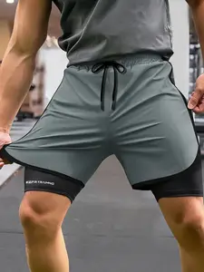Men's Solid Color 2-in-1 Gym Shorts, Quick Drying Breathable Comfortable Gym Shorts, Casual Elastic Waist Sports Bottoms for Gym Workout Running, Activewear Shorts, Athletic Wear Shorts, Breathable Fitness Shorts
