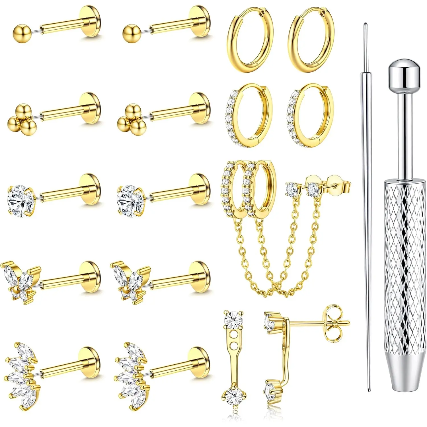 Trendy16G/18G/20G Flat Back Earrings for Women Threadless Surgical Steel Stud Hoop Earrings Push in Nose Studs Hypoallergenic CZ Cartilage Earring Set Labret Helix Tragus Conch Piercing Jewelry  Blackfriday Christmas Cubic Zirconia
