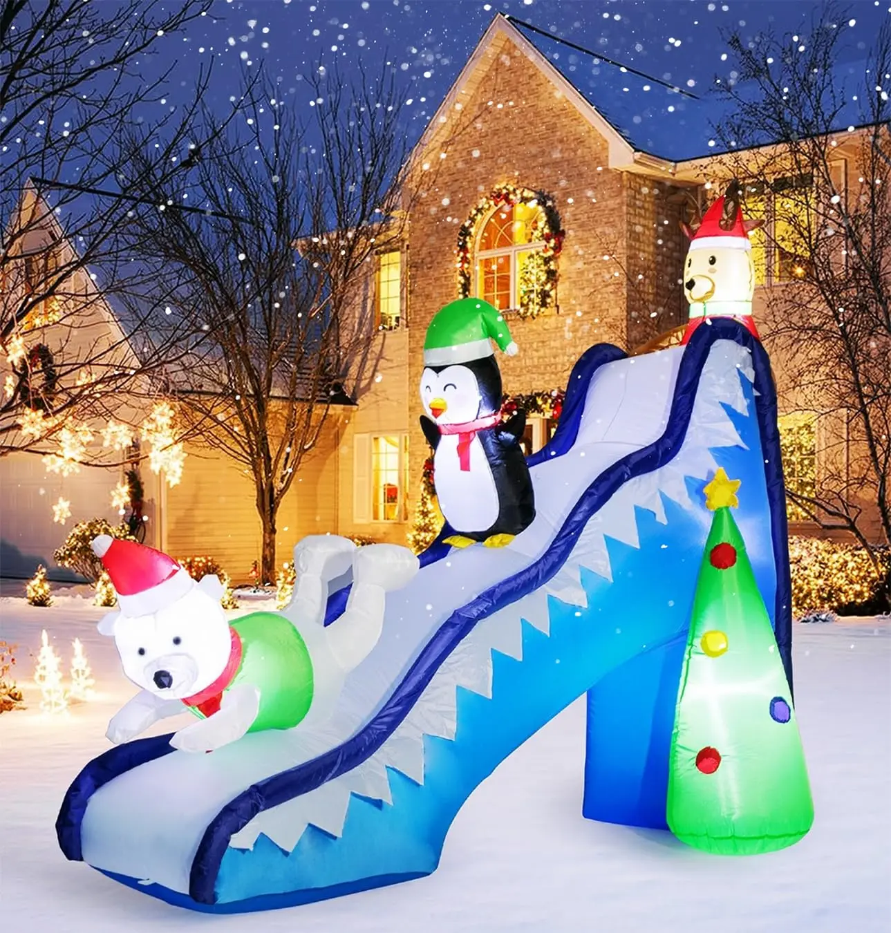 9 FT Christmas Inflatable Outdoor Decoration with Built-in LED Light, Magical Slide Scene with Reindeer, Penguin, Polar Bear, Party Decoration Supplies for Yard, Lawn, Garden