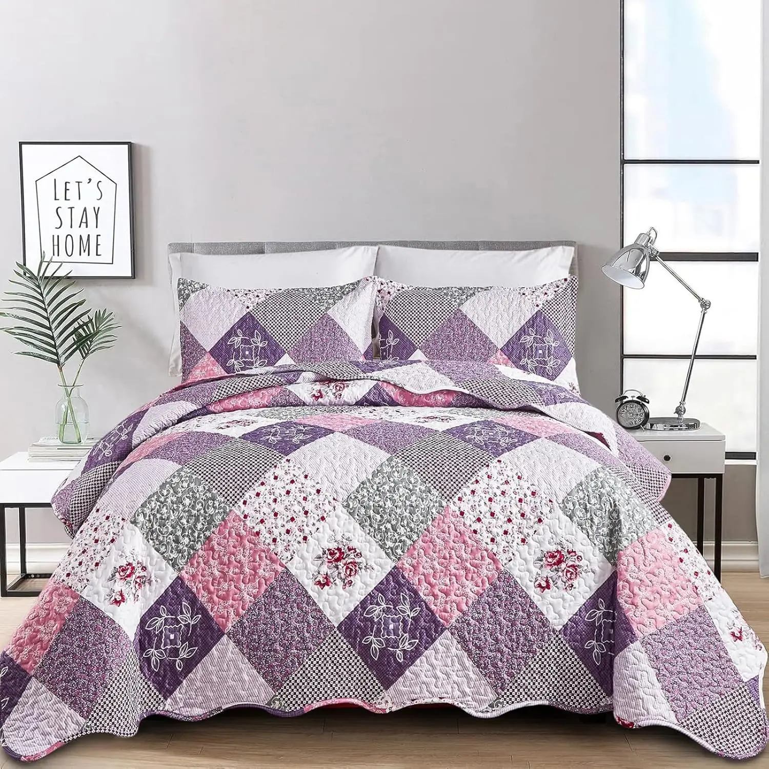 Reversible Patchwork Bedspread Set Queen King Size Plaid Floral Pattern Quilted Coverlets 3 Pieces Colorful Soft Microfiber Bedding Set Fall Autumn All Season Use