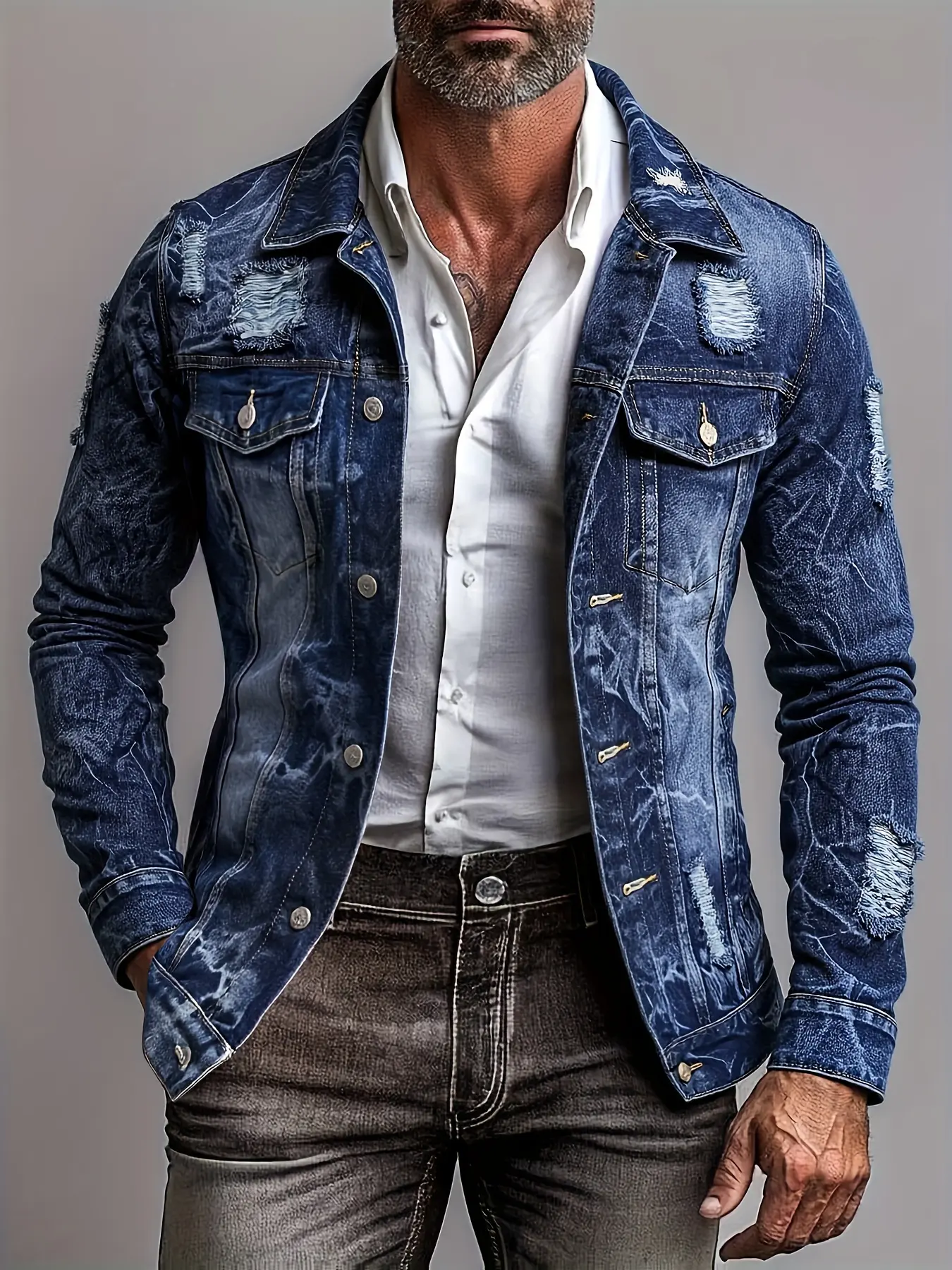 Men's Retro Distressed Denim Coats - Stylish Slim Fit Solid Top with Longsleeves for Casual/Business Wear, Robust Design