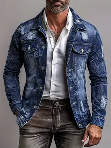 Trendy men's water-washed distressed denim jacket, deep blue with holes, slim fit.The inner layer features a casual/business shirt and outerwear.Retro, robust design