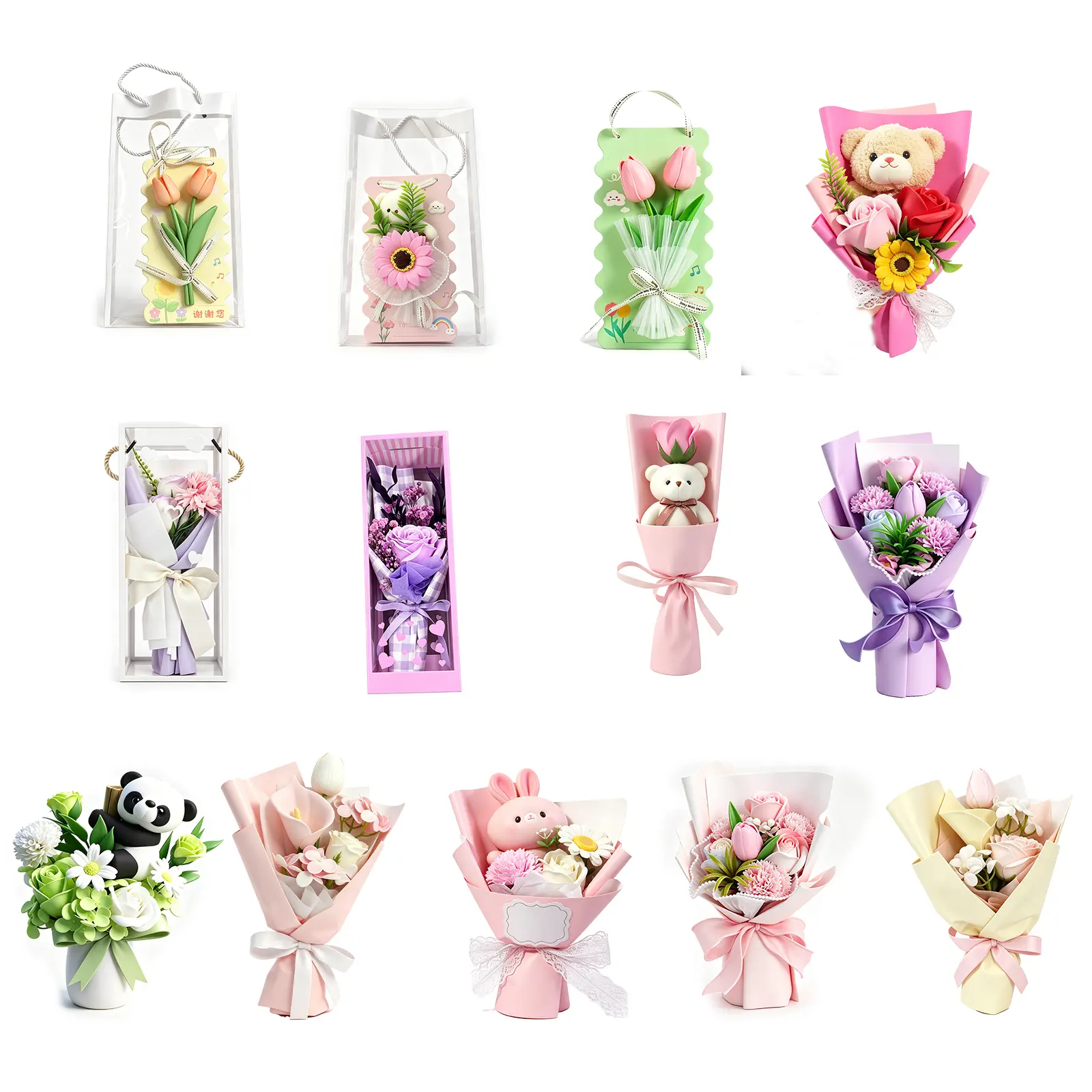 13Sets Long-Lasting Soap Flower Bouquet, Cute Bear/Panda Plush & Artificial Flower Gift Set, with Ribbon Bow & Lace for Valentine’s Mother’s Day