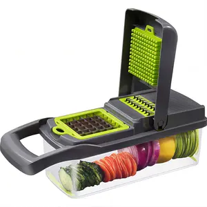 14-in-1 Multifunctional Vegetable Chopper Mandoline Slicer with 8 Ultra-Sharp 420 Stainless Steel Blades & Detachable ABS Plastic Container for Salad Fruits Potato Garlic Grey Kitchen Gadget