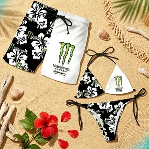Couples' Matching Monster Floral Swimwear Set - Women's Swim Bra & Tie-Side Thong Bikini, Men's Beach Shorts for Summer Hawaiian Vacation Sports & Outdoor Use