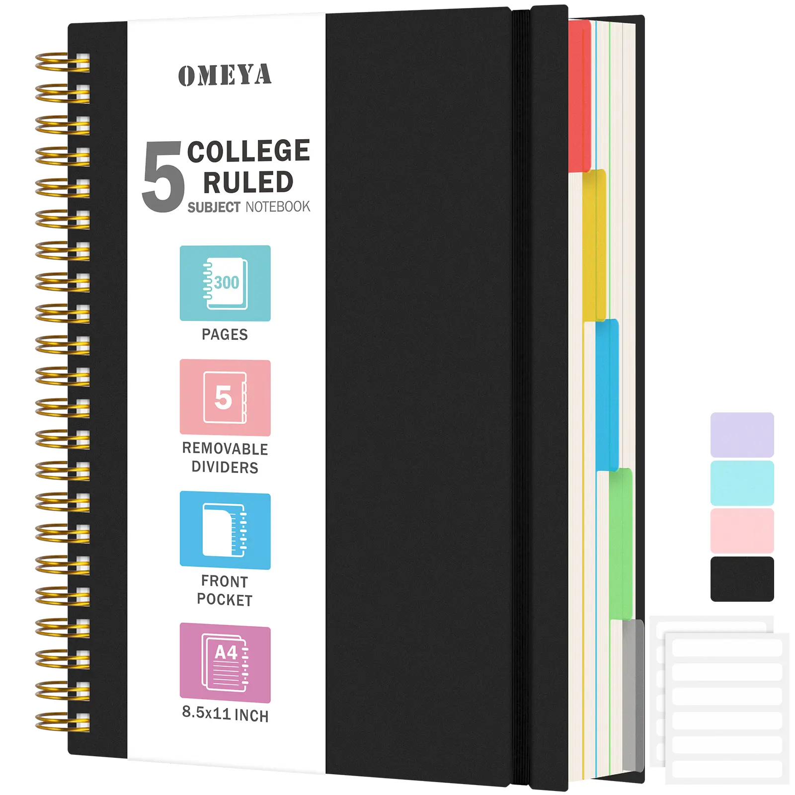 OMEYA 5 Subject Spiral Notebook, College Ruled Stationery Journaling Notebook, A4/A5 Size, 300 Pages 100GSM Thick Paper with Removable Dividers & Clear Inner Pocket for School Office