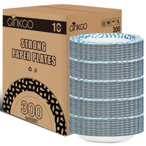 Ginkgo Paper Plates 10 inch Bulk 300 Count, Thickened Disposable Plates Heavy Duty Dinner Plates for Party, Picnic, Wedding, Kitchen Tableware