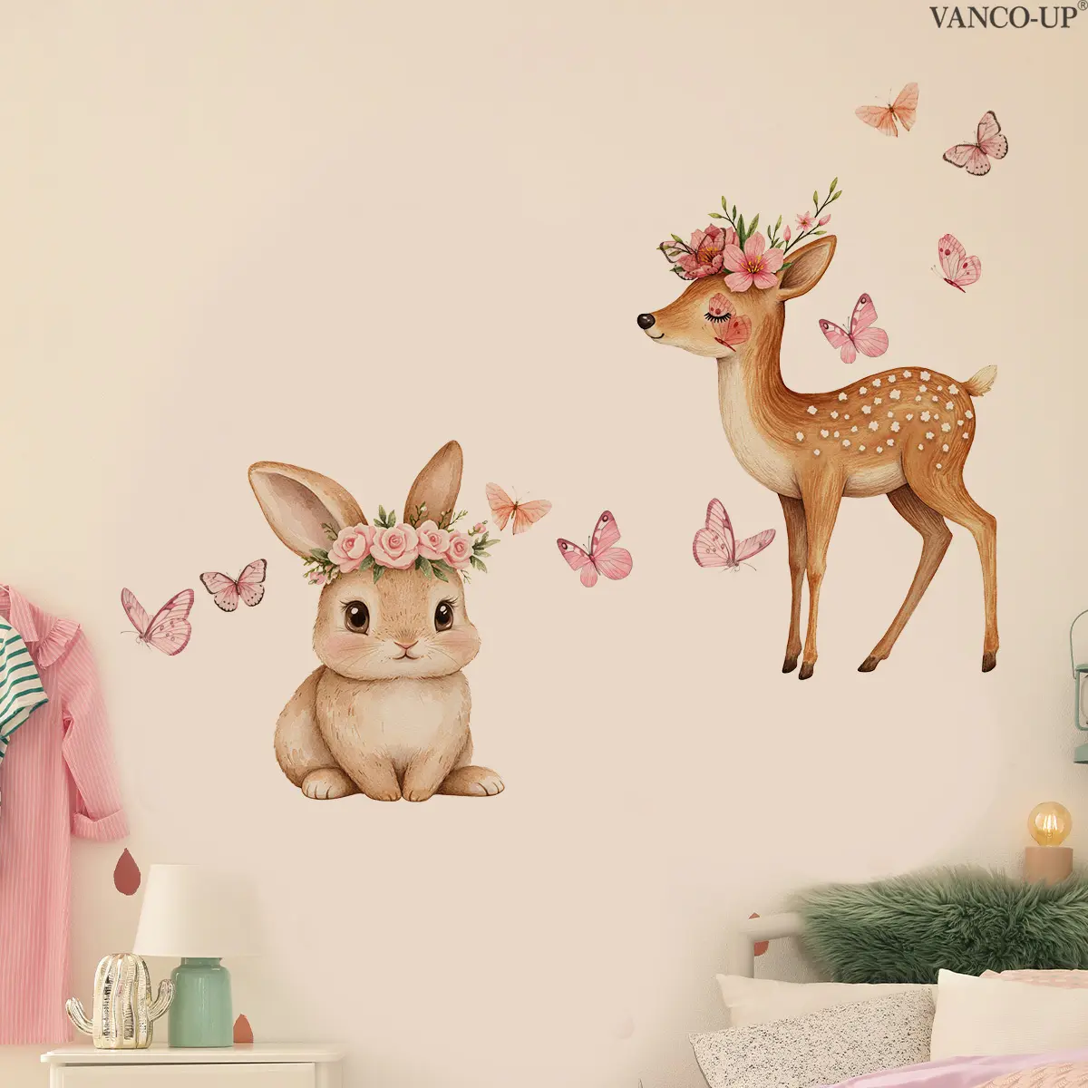 A (30*60cm) creative 2D flat Decorative wall sticker with rabbit, elk, flowers and butterflies, for beautifying living rooms and bedrooms (M20380)