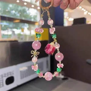 New style mobile phone chain with heart-shaped beads and rose flower, handmade beaded mobile phone keychain, bag strap accessory