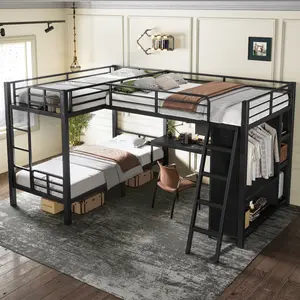 L-Shaped Triple Bunk Bed with Desk, Wardrobe, Twin XL Over Twin XL Bunk Beds with Storage, Heavy-Duty Metal Bunk Bed Frame with Ladder & Guardrails for 3 People, Black