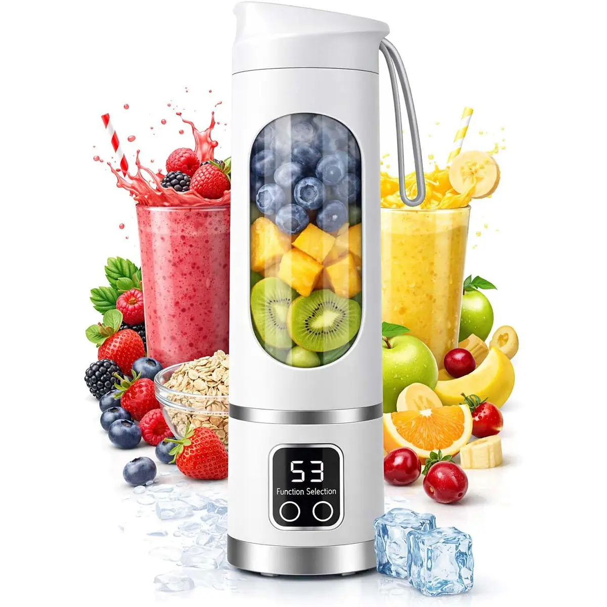 16oz Portable Cordless Smoothie Maker - High-Powered Portable Blenders, Wireless Personal Electric Juicer with Digital Multimode Smart LED Display, 3-Speed 12-Blade Smoothie Bottle, USB Rechargeable
