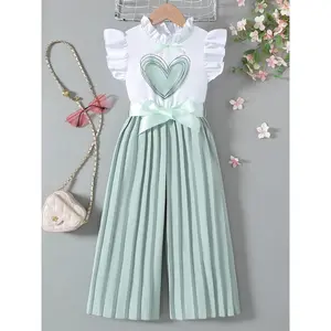 Girls' Summer Ruffle Heart Print Belted Jumpsuit, Sweet Casual Fashion, Back Open Design, Wide Leg Pants