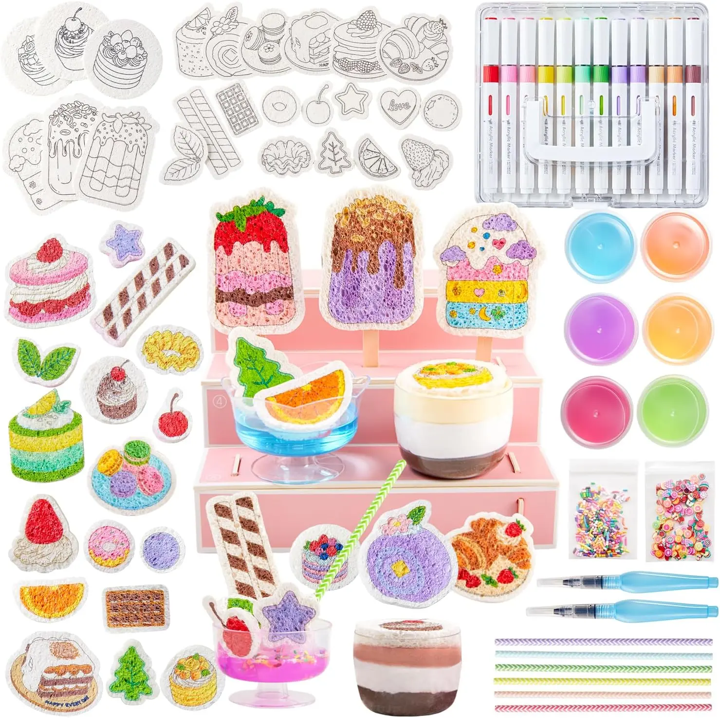 Shuttle Art 44/63/104/105 Pcs Magic Foam Texture Painting Kit Dessert Series: 24 Dessert Foam Pieces, Slime, Clay, Pastry Display Case, 12 Acrylic Paint Markers, Magical 3D Effect DIY Art for Boys and Girls Ages 3-12