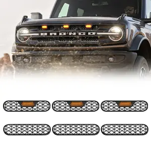 6Pcs Front Mesh Grille Insert with LED Lights for Bronco Big Bend and Outer Banks Truck Headlight Cover