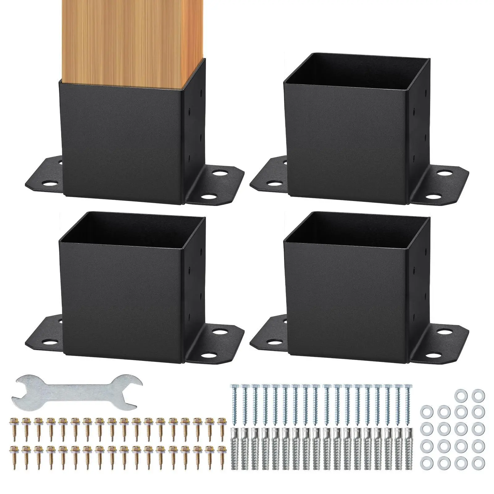 【FathersDayGift】VEVOR 6x6 Post Base 4 Pcs,  , Inner Size 5.6"x5.6" Post Base Brackets, Heavy Duty Powder-Coated Post Anchor Matte Black Wood Post Brackets for Pavilion Deck Railing Support Deck Base Plate