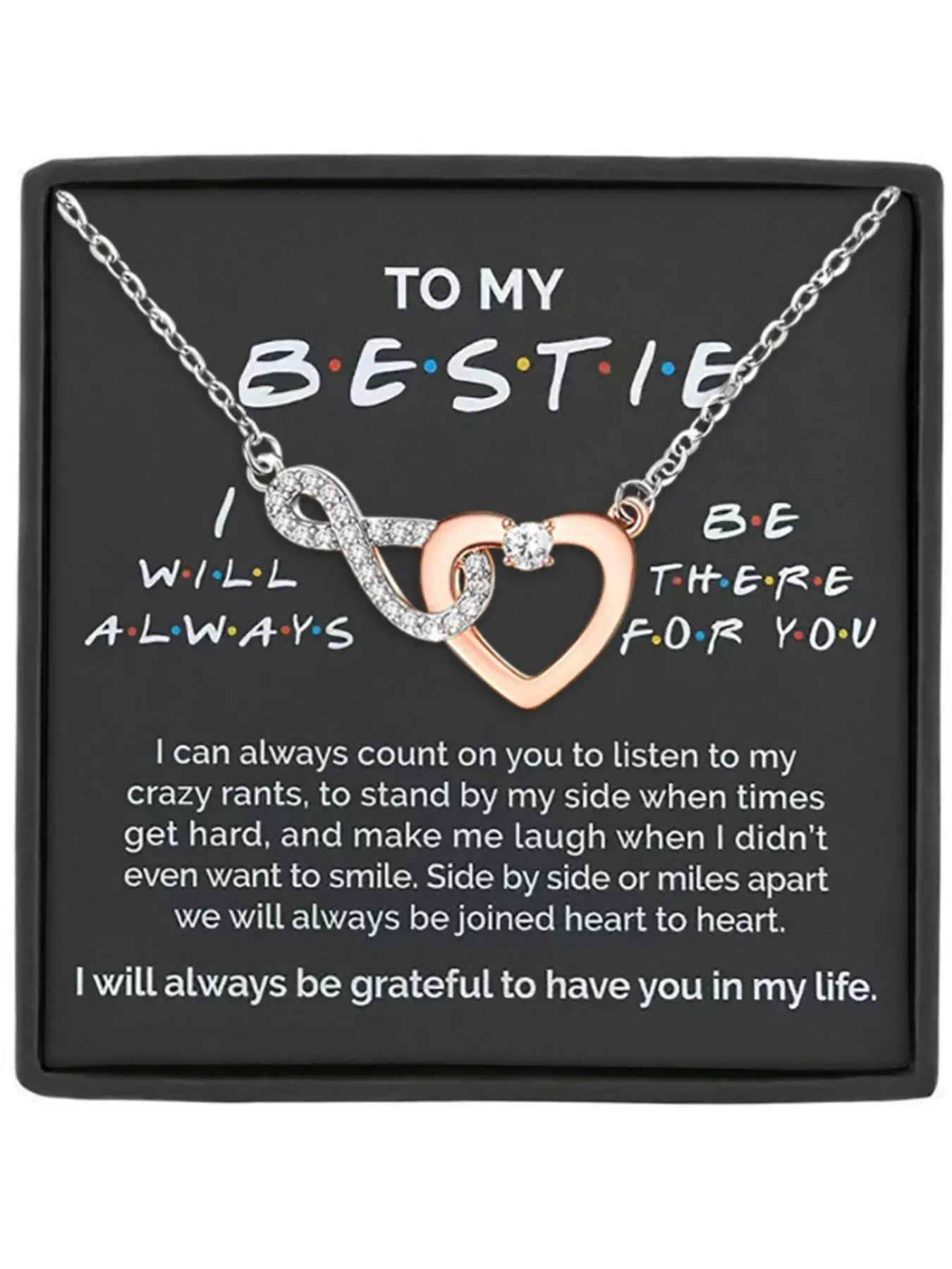 To My Bestie Infinity Chain Heart Pendant Friendship Necklace with Blessing Card, Perfect Gift for Best Friends, Love Heart Necklace